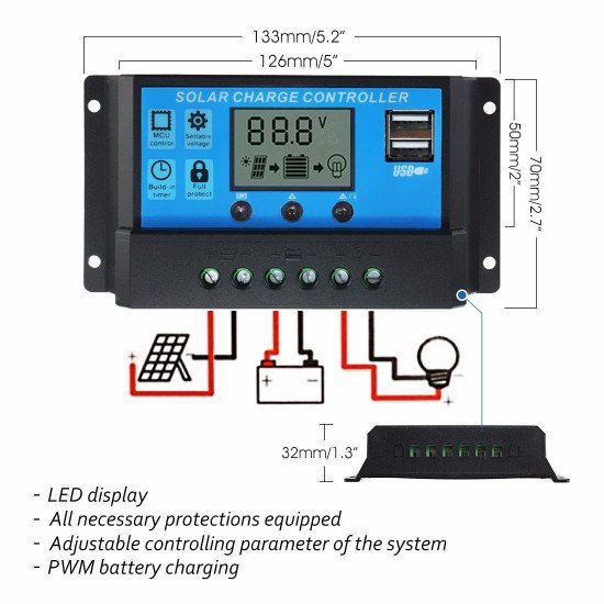 Contrôleur de charge de  panneau solaire  PWM 20A double USB 12V 24V